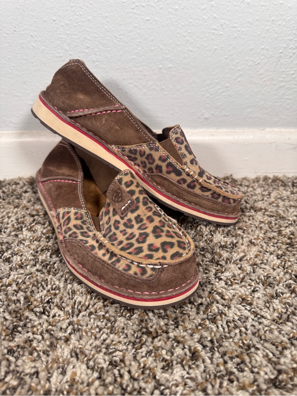 Ariat Brown Suede Moccasins with Leopard Print and Pink Trim